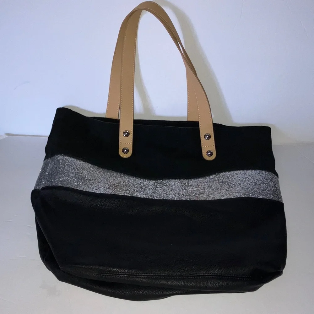 Steve Madden Black Tote with Silver Sparkle Stripe and‎ Tan Handles